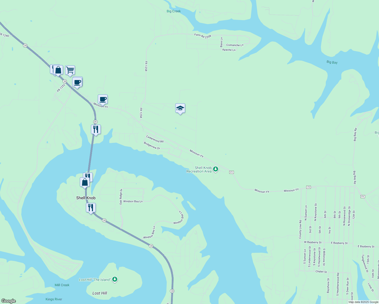 map of restaurants, bars, coffee shops, grocery stores, and more near 26551 State Highway YY in Shell Knob