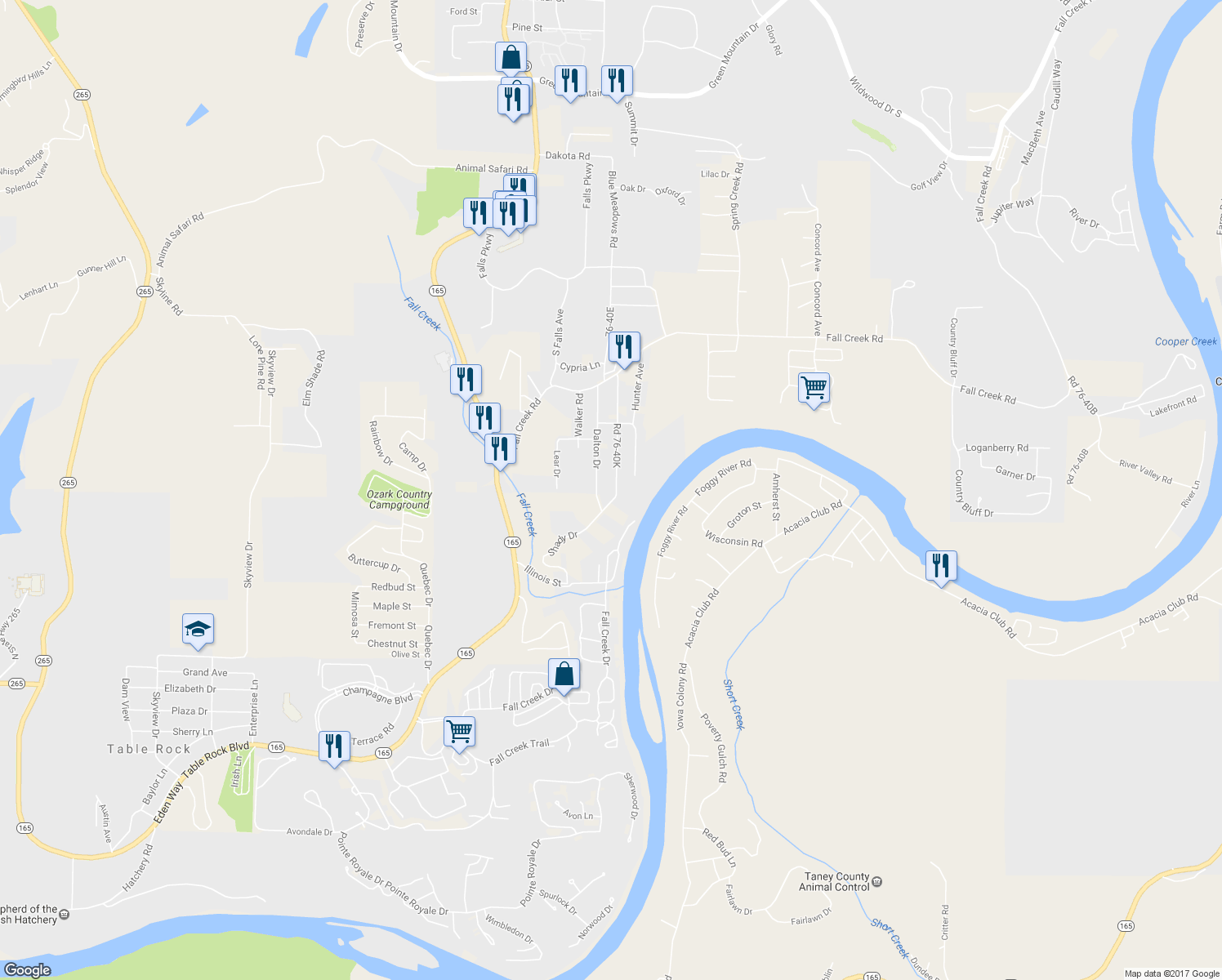 map of restaurants, bars, coffee shops, grocery stores, and more near 456 Shady Drive in Branson