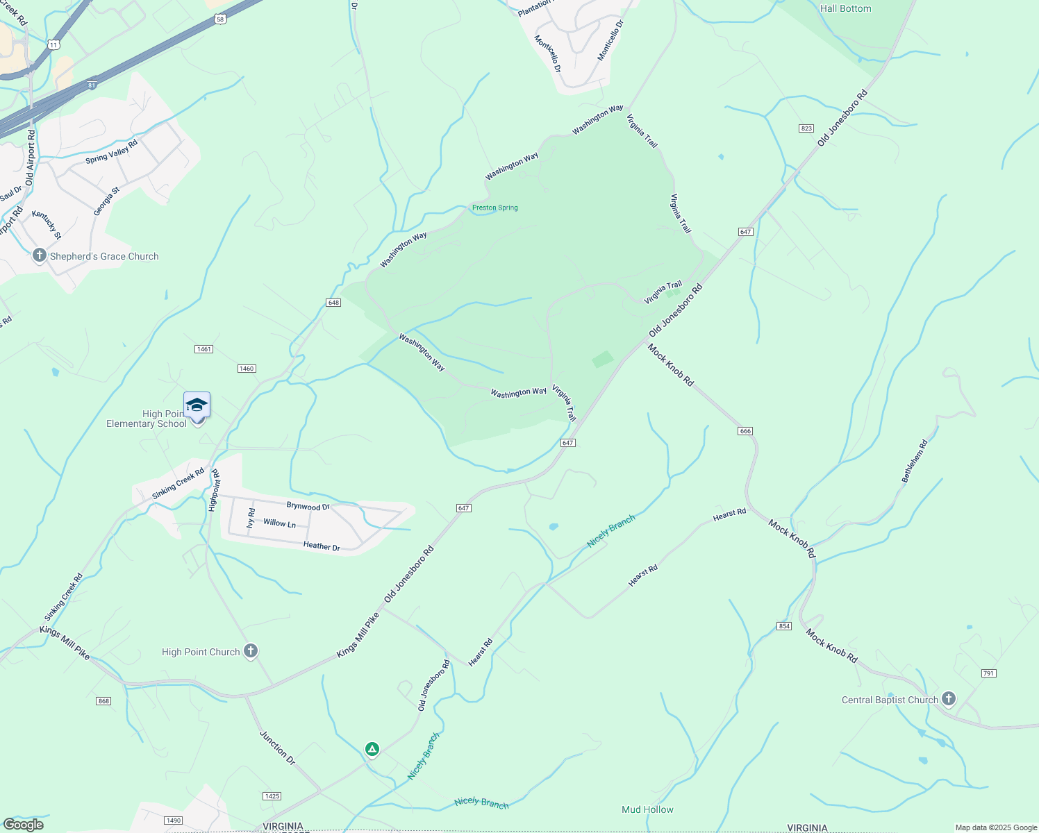 map of restaurants, bars, coffee shops, grocery stores, and more near 15199 Stonewall Ridge in Bristol
