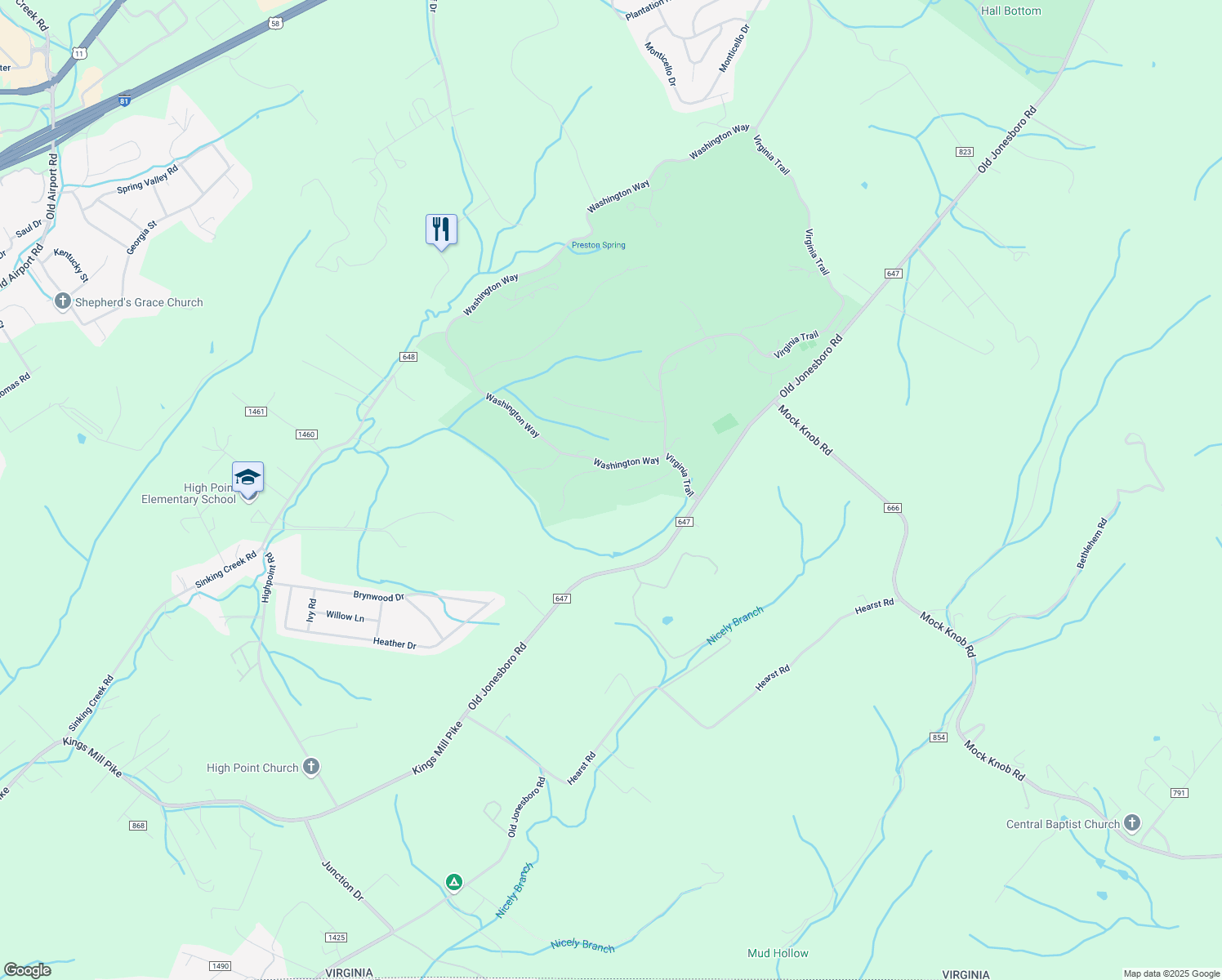 map of restaurants, bars, coffee shops, grocery stores, and more near 15199 Stonewall Ridge in Bristol