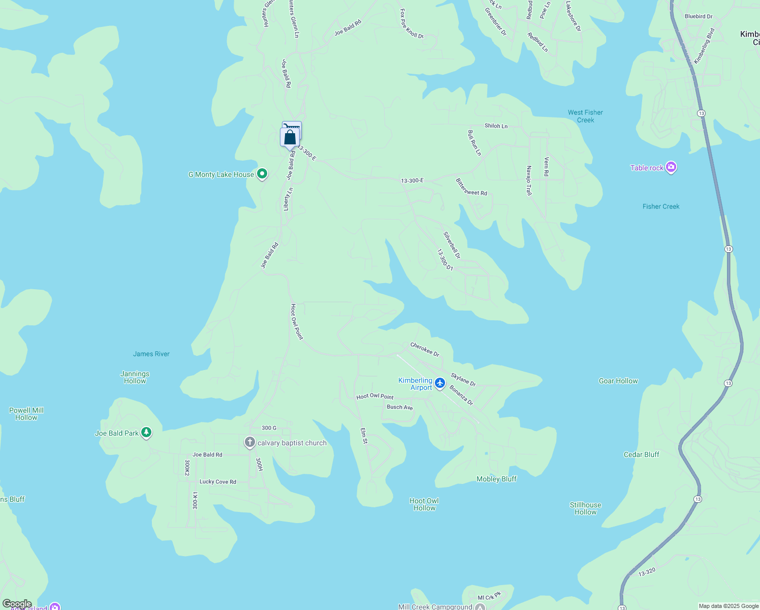 map of restaurants, bars, coffee shops, grocery stores, and more near 394 Sleepy Hollow Dr in Kimberling City