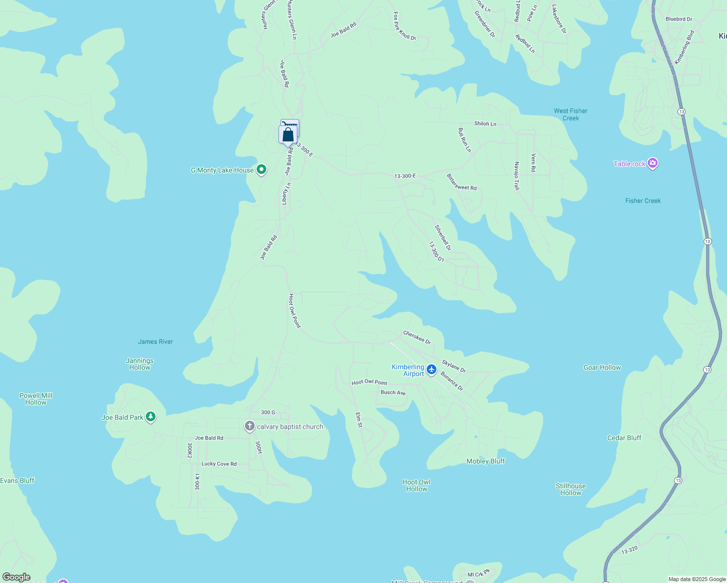 map of restaurants, bars, coffee shops, grocery stores, and more near 318-394 Sleepy Hollow Drive in Kimberling City