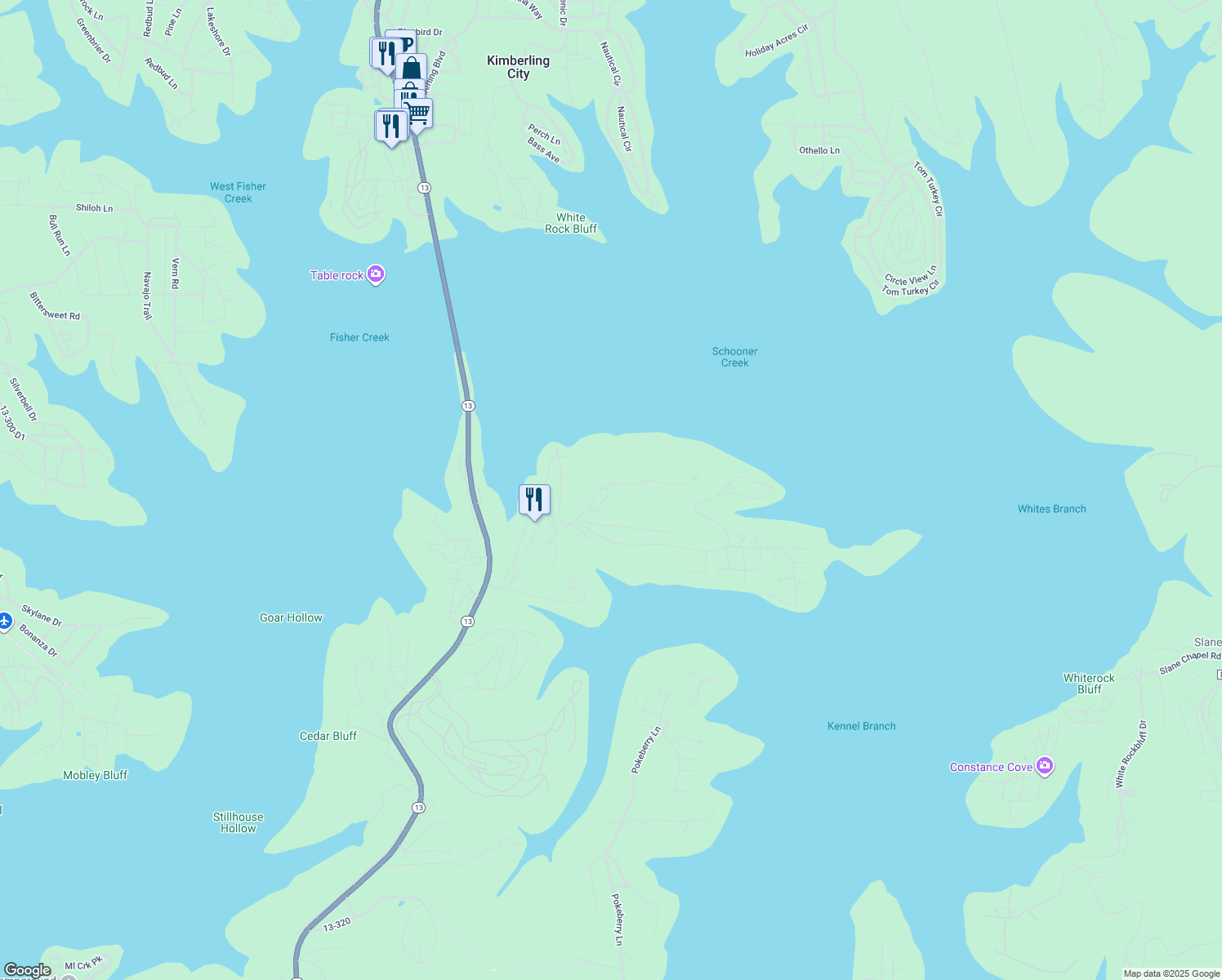 map of restaurants, bars, coffee shops, grocery stores, and more near 62 Silverbridge Lane in Kimberling City