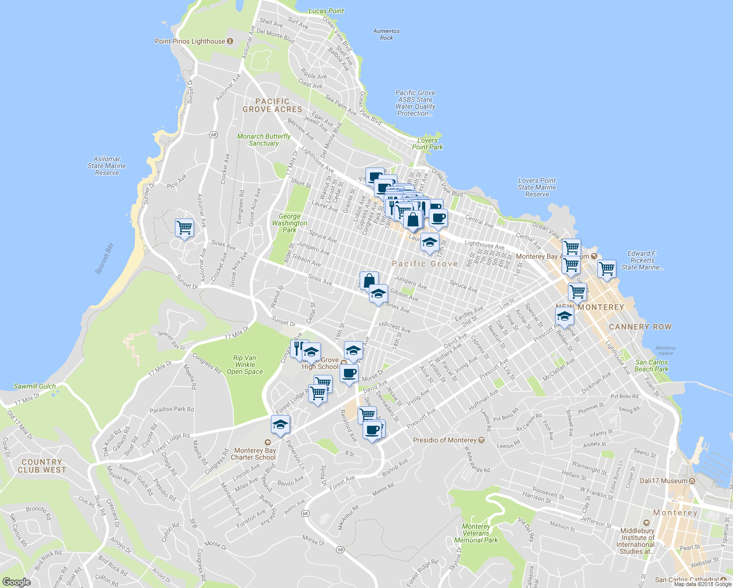 map of restaurants, bars, coffee shops, grocery stores, and more near 651 Sinex Ave in Pacific Grove