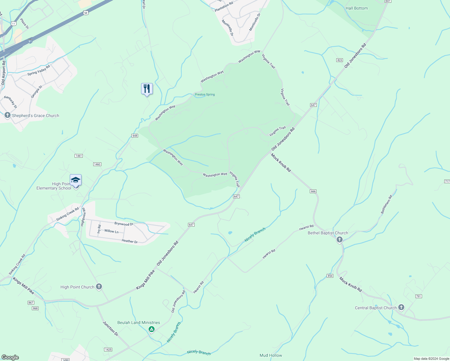 map of restaurants, bars, coffee shops, grocery stores, and more near 15085 Washington Way in Bristol