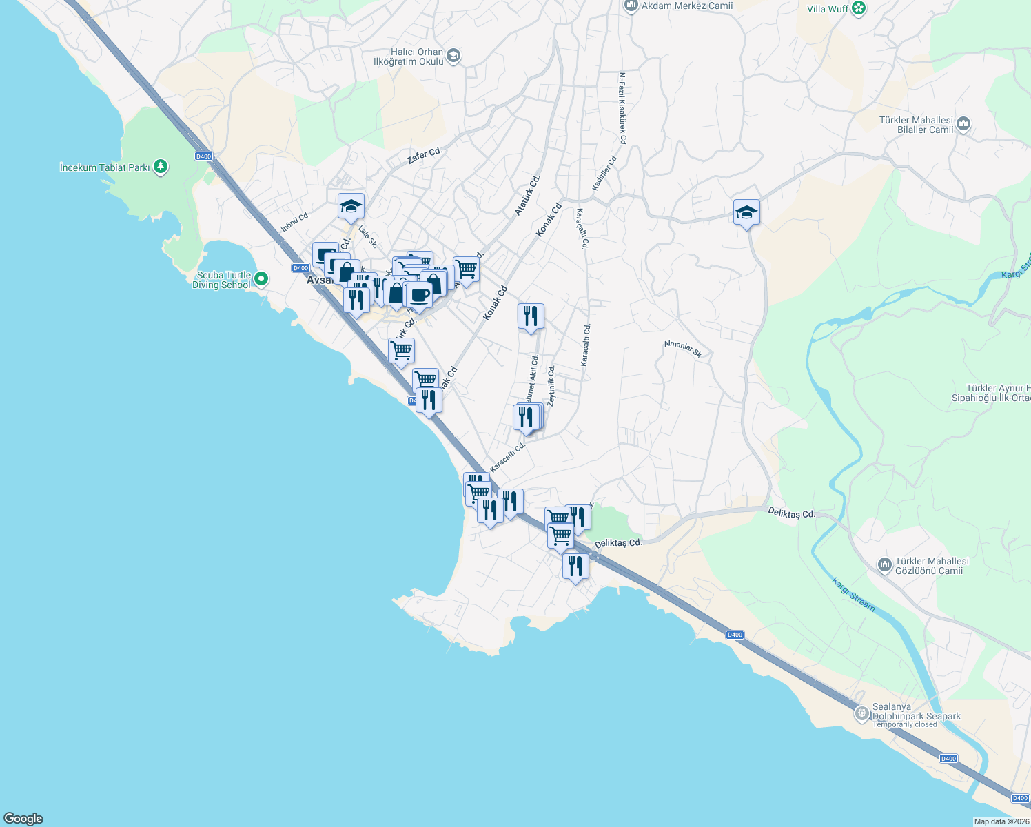 map of restaurants, bars, coffee shops, grocery stores, and more near 1221 Fevzi Çakmak Caddesi in Alanya