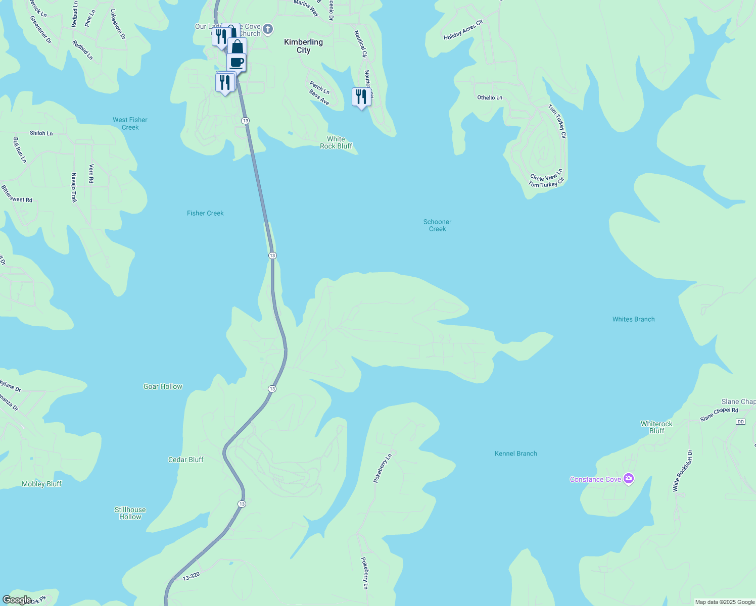 map of restaurants, bars, coffee shops, grocery stores, and more near East in Kimberling City