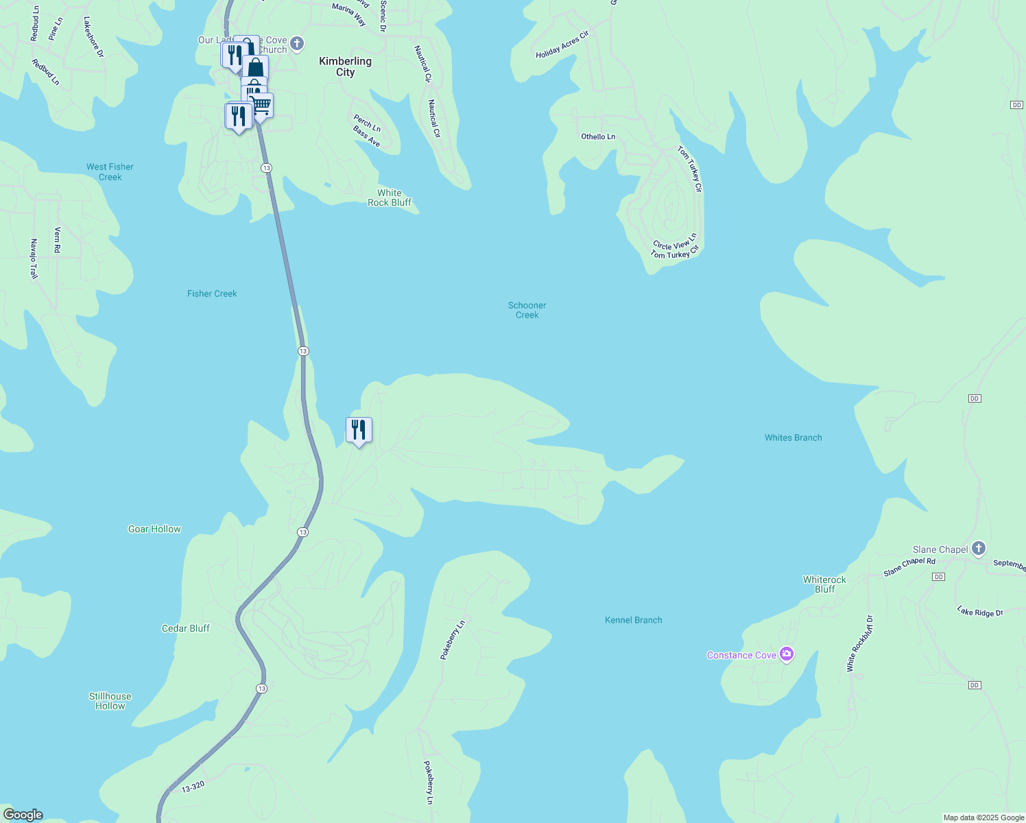 map of restaurants, bars, coffee shops, grocery stores, and more near E in Kimberling City