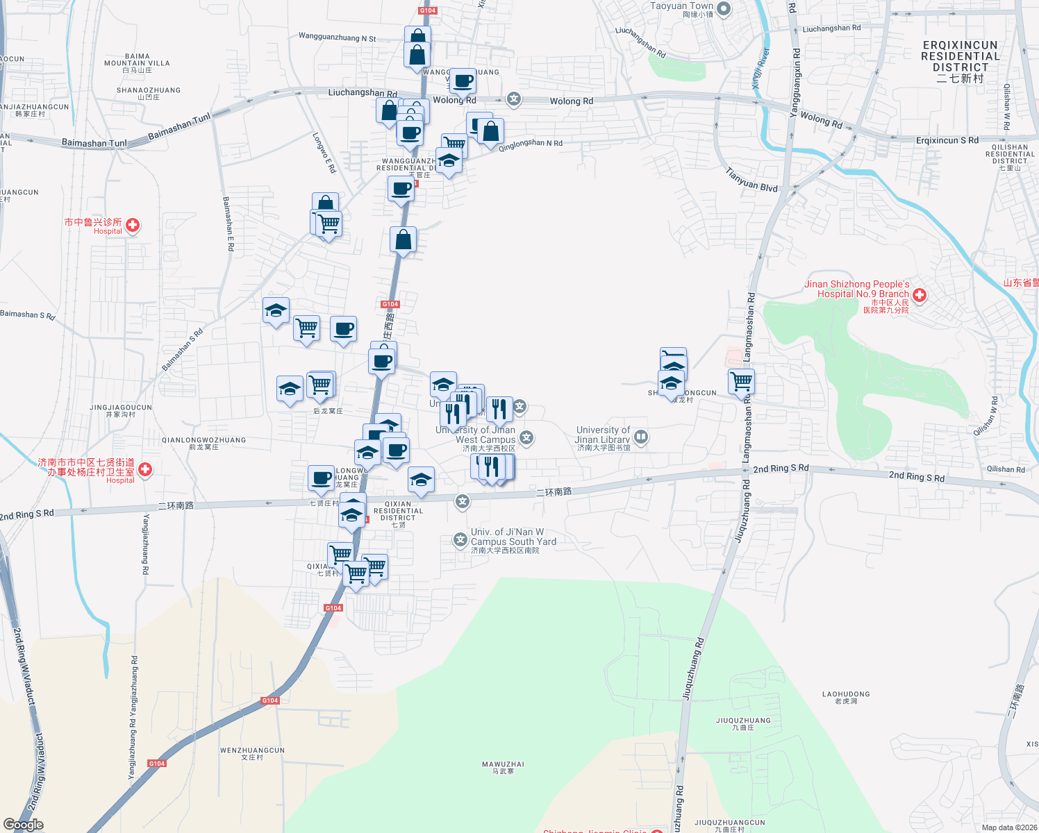 map of restaurants, bars, coffee shops, grocery stores, and more near in Jinan