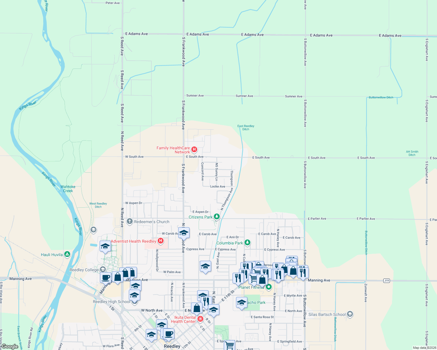 map of restaurants, bars, coffee shops, grocery stores, and more near 560 Cambridge Drive in Reedley