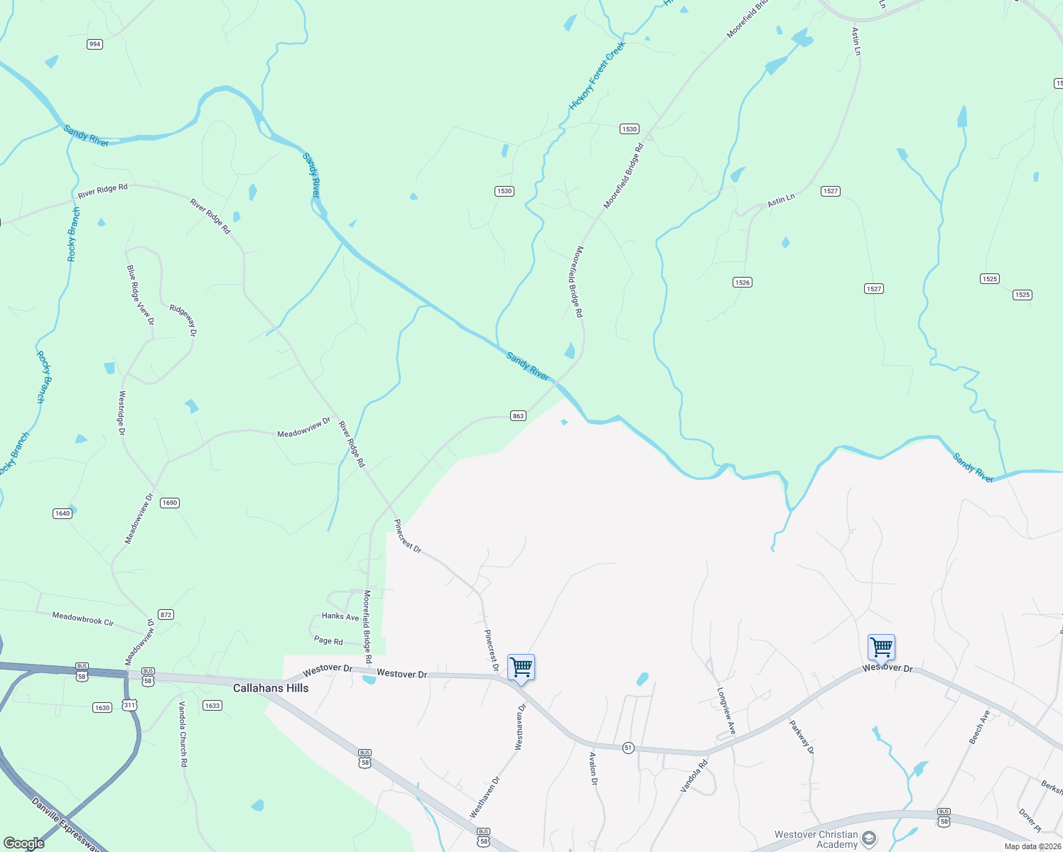 map of restaurants, bars, coffee shops, grocery stores, and more near 2025 Moorefield Bridge Road in Danville