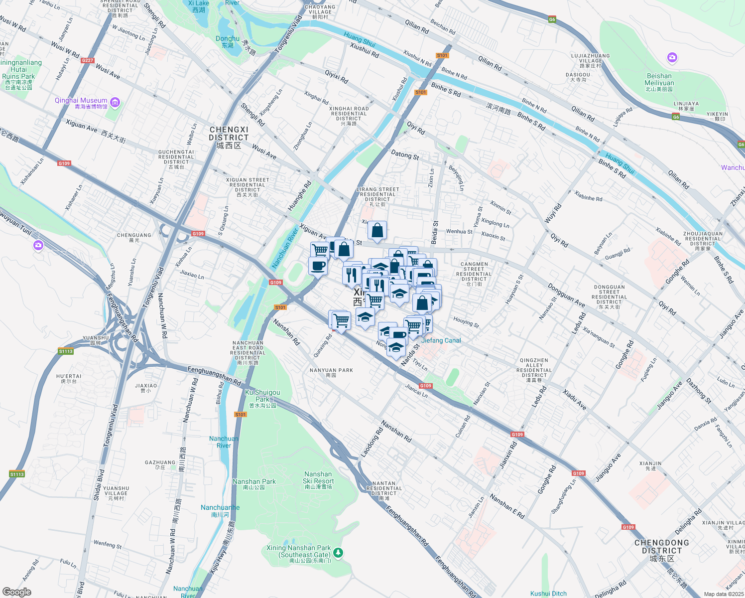 map of restaurants, bars, coffee shops, grocery stores, and more near in Xining Shi