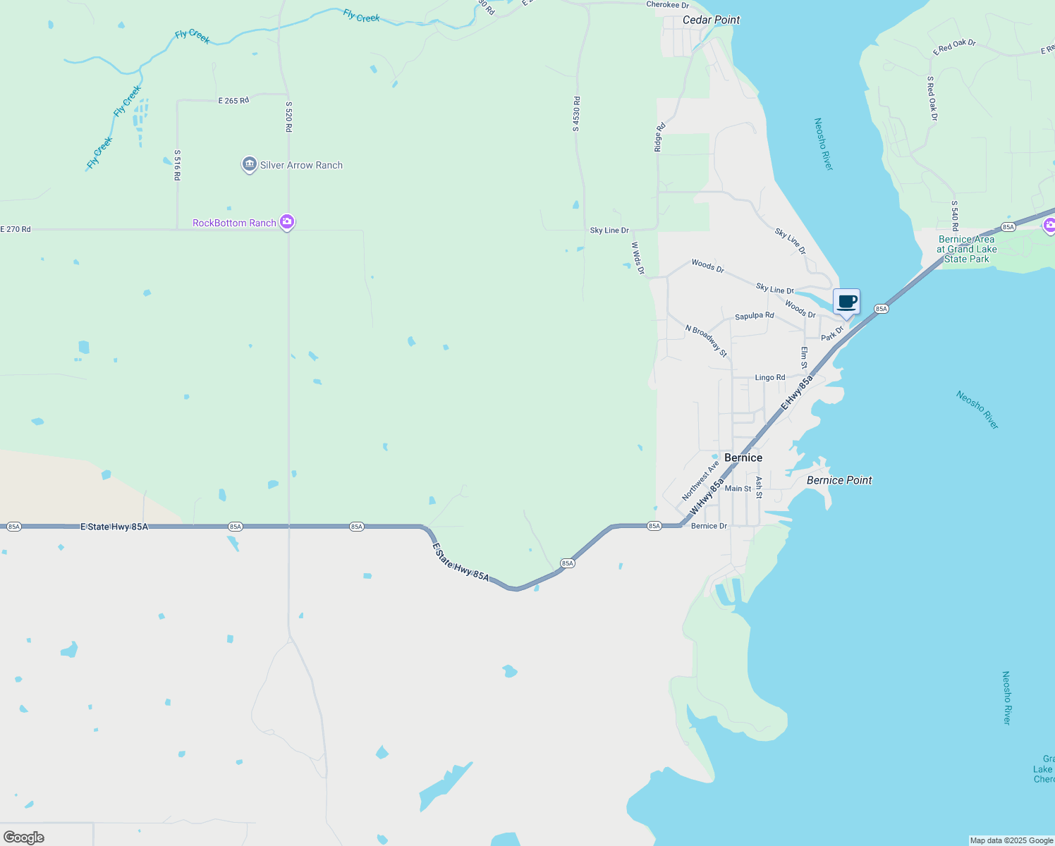 map of restaurants, bars, coffee shops, grocery stores, and more near 45292 Oklahoma 85A in Cleora