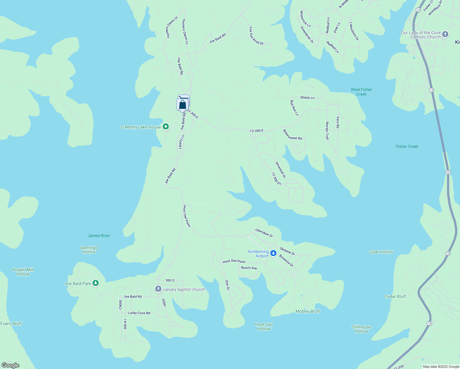 map of restaurants, bars, coffee shops, grocery stores, and more near 715 Edgewater Estate in Kimberling City