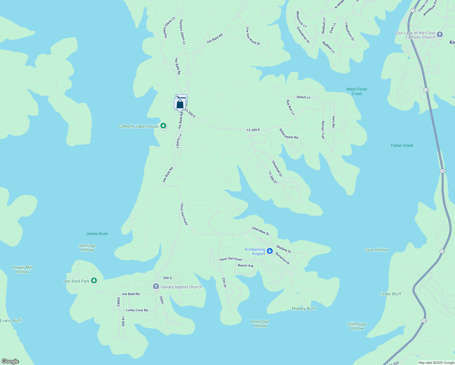 map of restaurants, bars, coffee shops, grocery stores, and more near 715 Edgewater Estates in Kimberling City