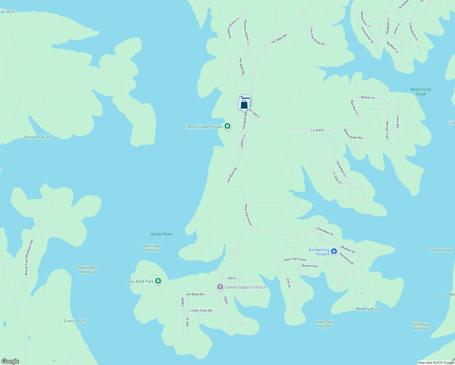 map of restaurants, bars, coffee shops, grocery stores, and more near 4486 Joe Bald Road in Kimberling City