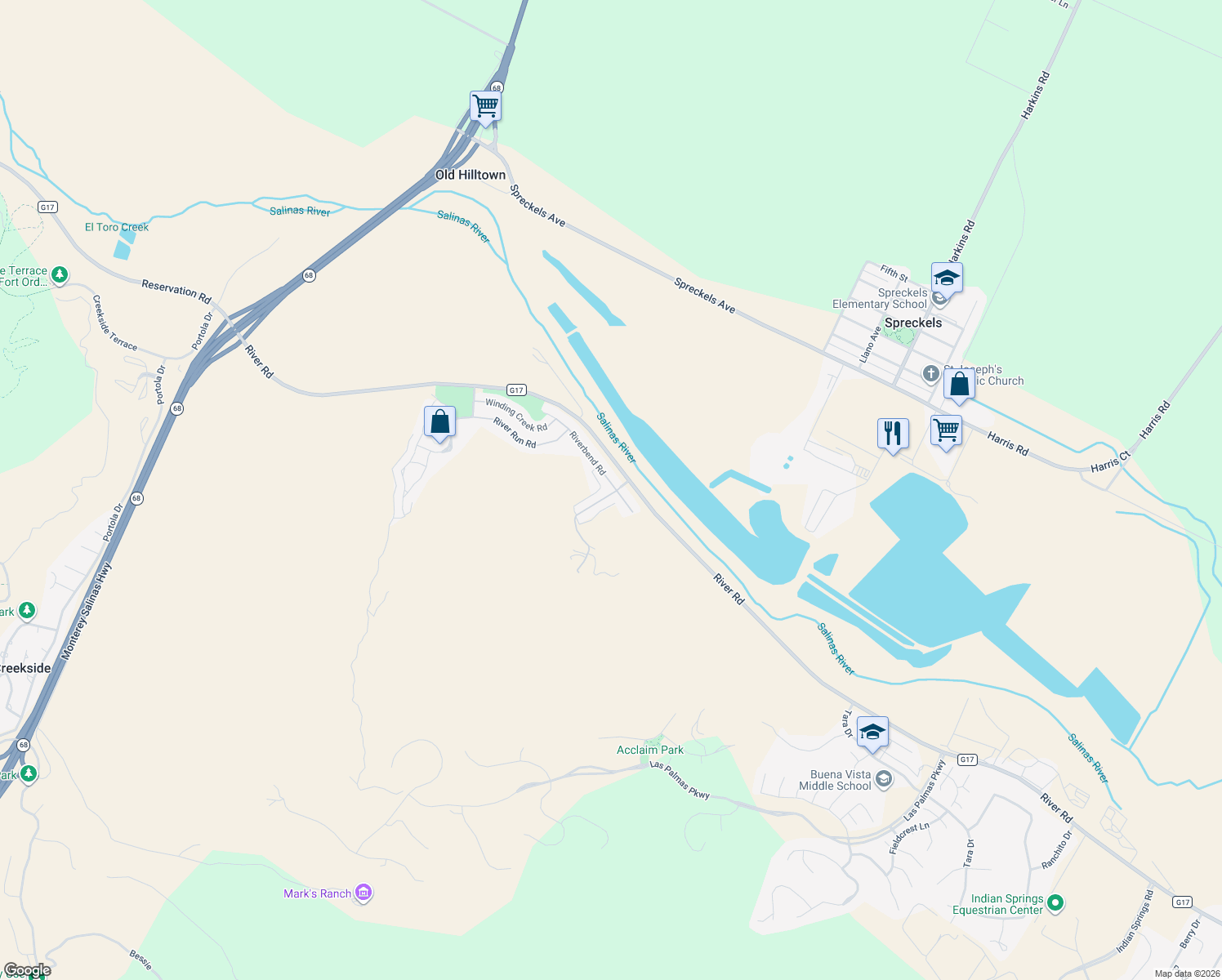 map of restaurants, bars, coffee shops, grocery stores, and more near 17776 Riverbend Road in Salinas