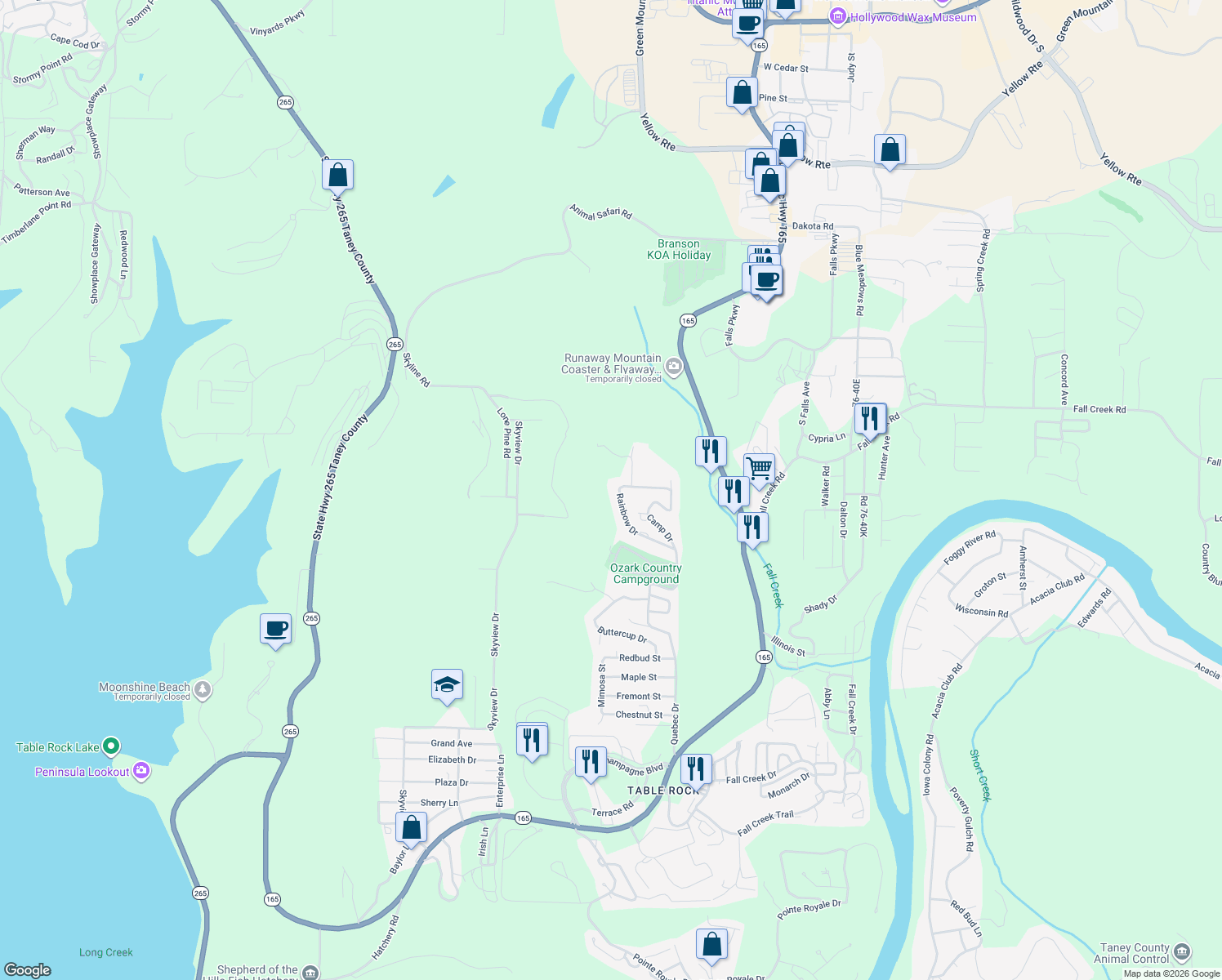 map of restaurants, bars, coffee shops, grocery stores, and more near 353 Rainbow Drive in Branson