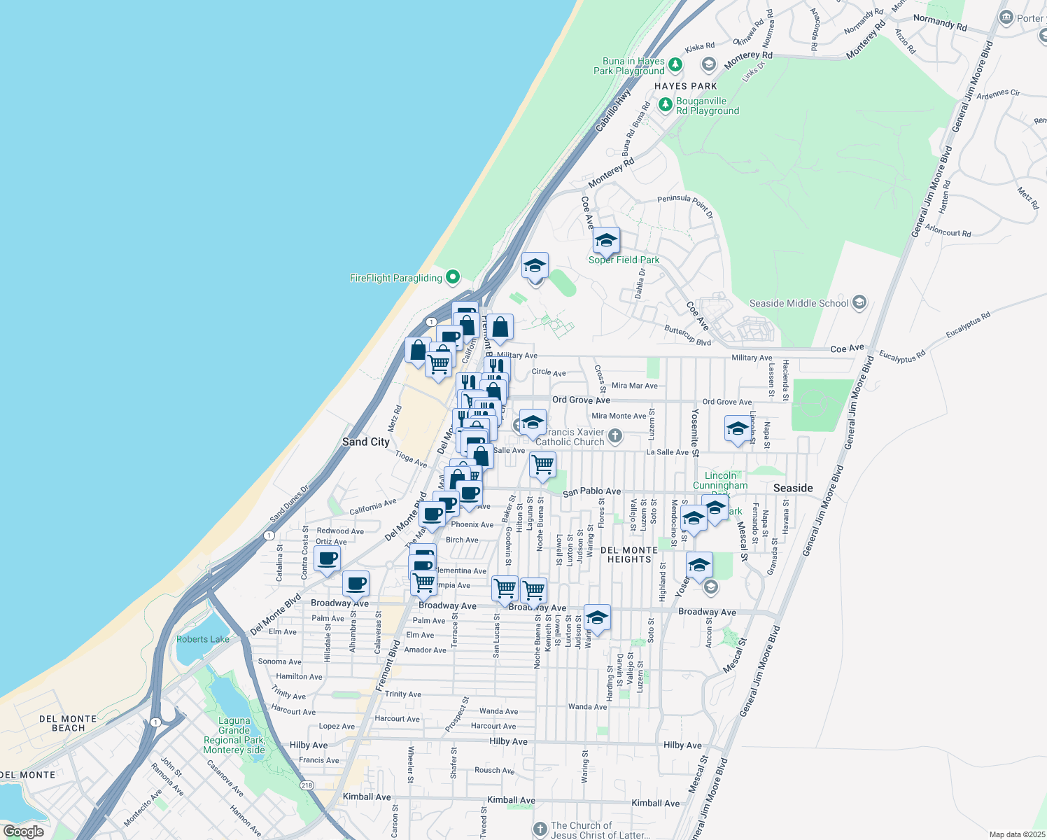 map of restaurants, bars, coffee shops, grocery stores, and more near 1286 La Jolla Avenue in Seaside