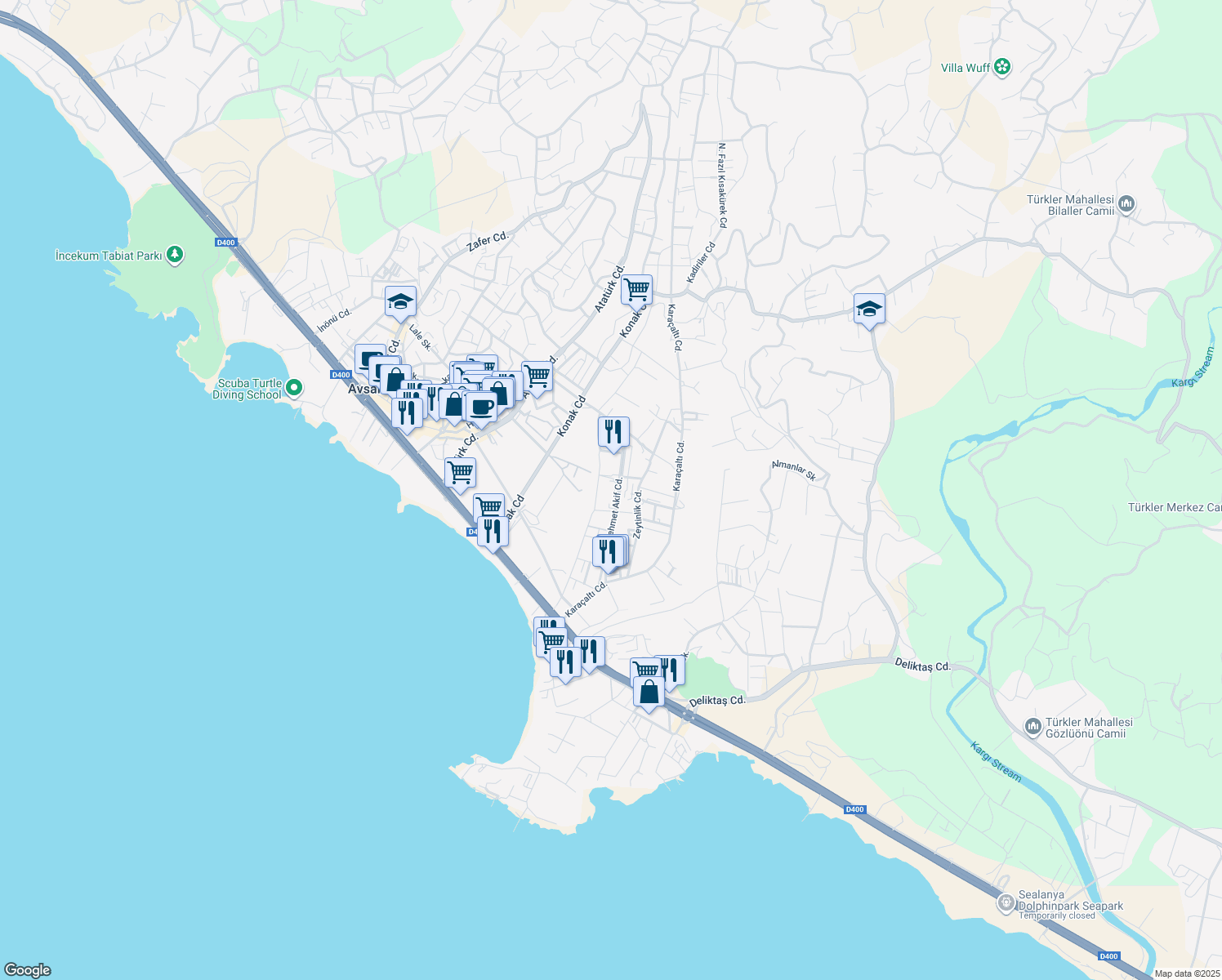map of restaurants, bars, coffee shops, grocery stores, and more near 27 Zeytinlik Caddesi in Alanya