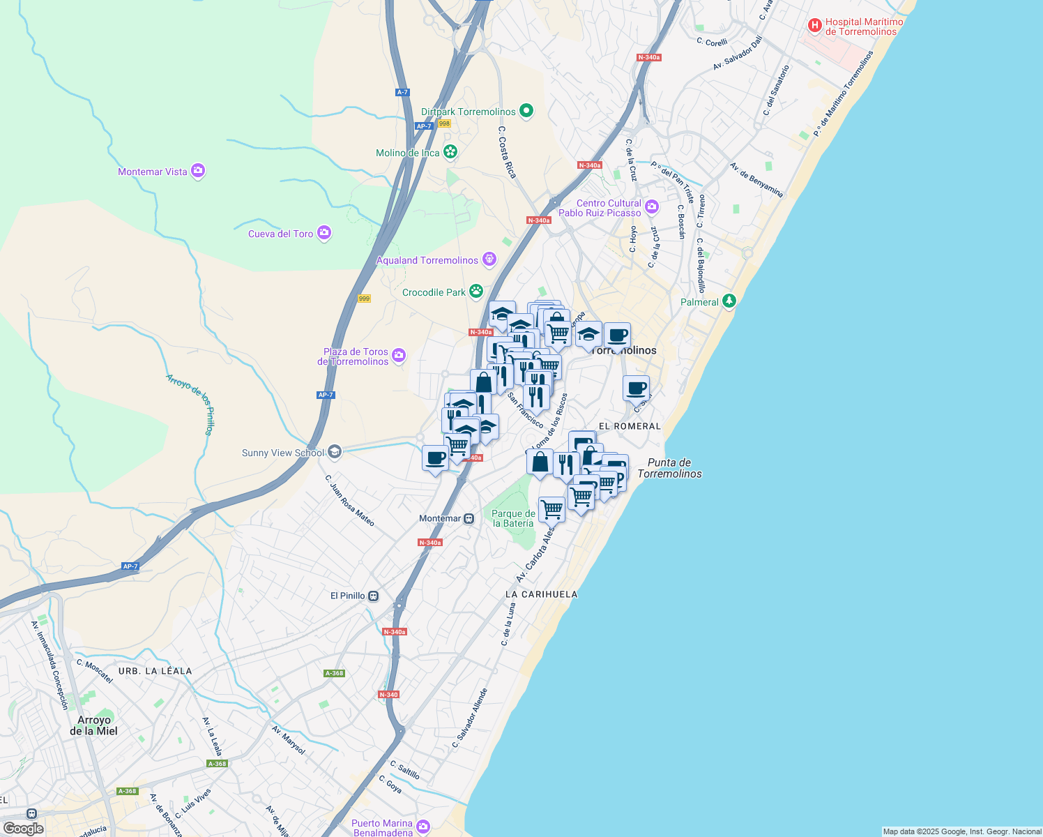 map of restaurants, bars, coffee shops, grocery stores, and more near 1 Calle Periodista Juan Rejano in Torremolinos