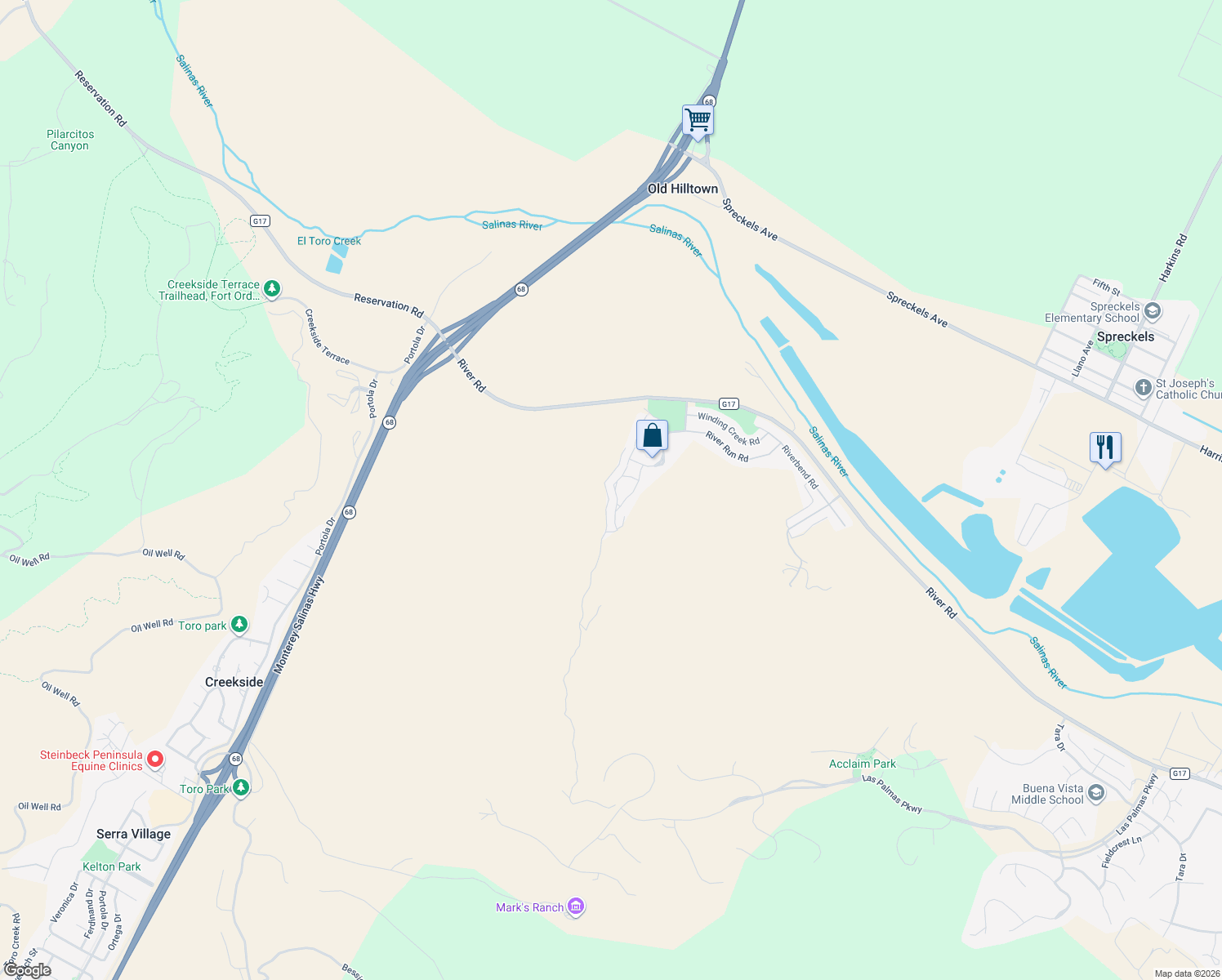 map of restaurants, bars, coffee shops, grocery stores, and more near 21124 Country Park Road in Salinas