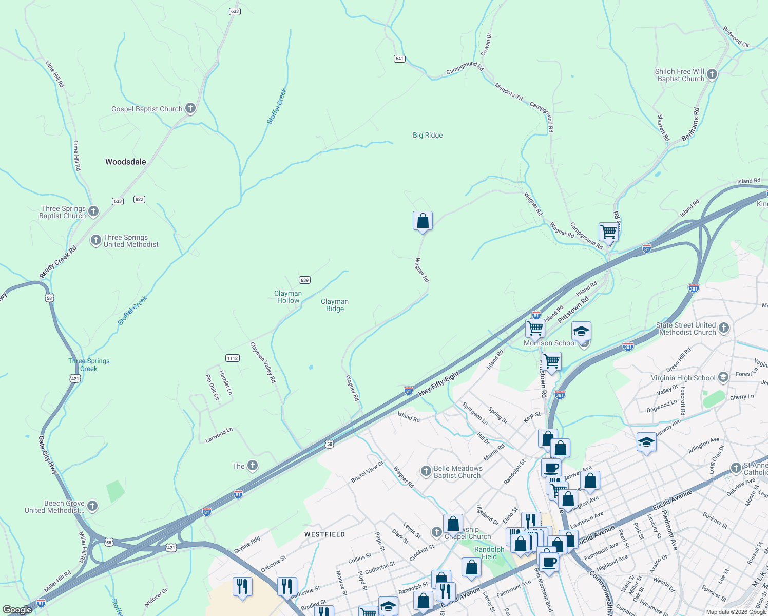 map of restaurants, bars, coffee shops, grocery stores, and more near 8389 Wagner Road in Bristol