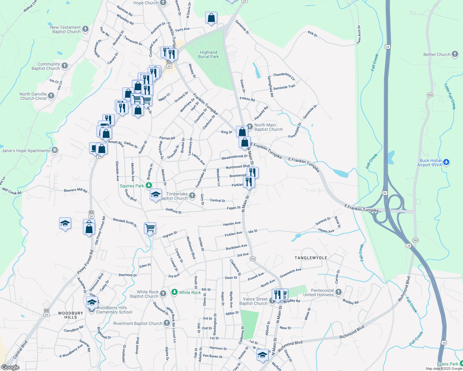 map of restaurants, bars, coffee shops, grocery stores, and more near 220 Parkland Drive in Danville
