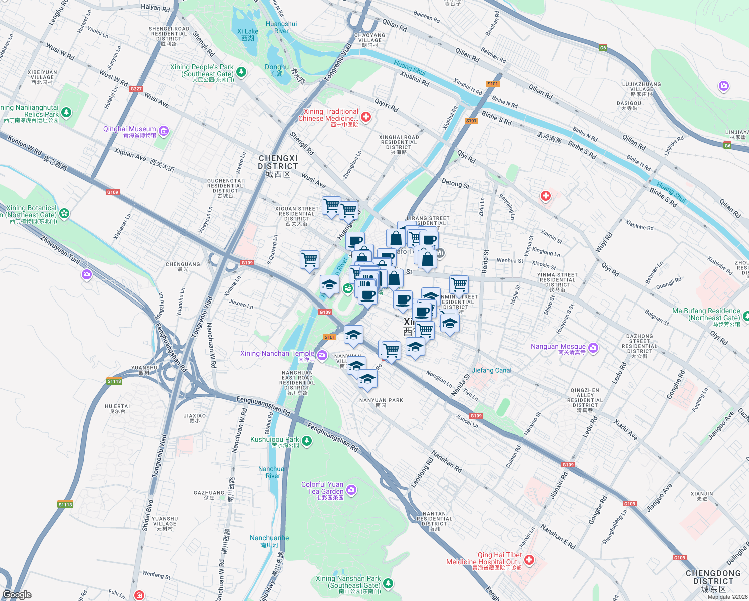 map of restaurants, bars, coffee shops, grocery stores, and more near Chang Jiang Lu in Xi Ning Shi