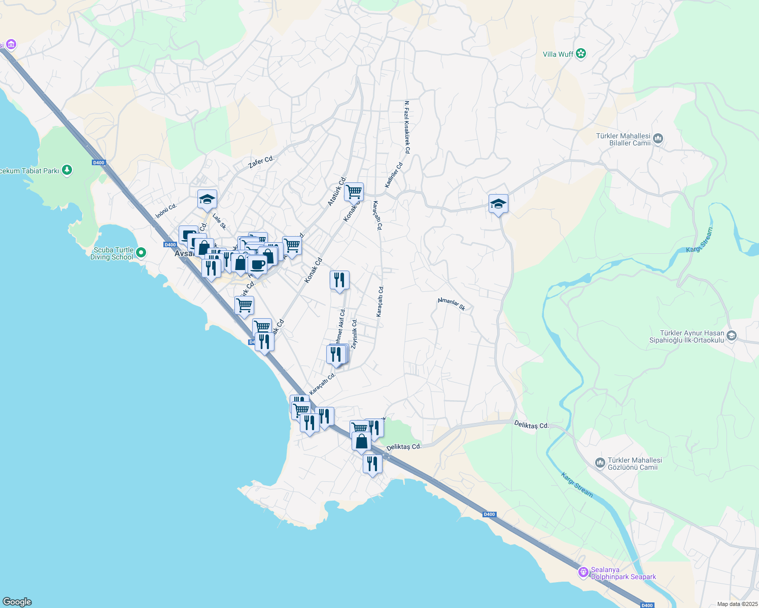map of restaurants, bars, coffee shops, grocery stores, and more near Karaçaltı Caddesi in Alanya