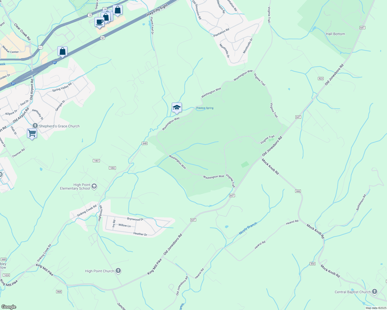 map of restaurants, bars, coffee shops, grocery stores, and more near 14456 Highlands Trail in Bristol