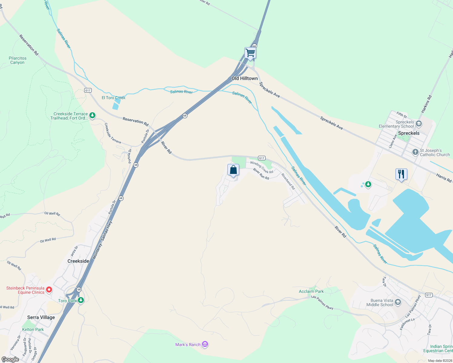map of restaurants, bars, coffee shops, grocery stores, and more near 21084 Country Park Road in Salinas