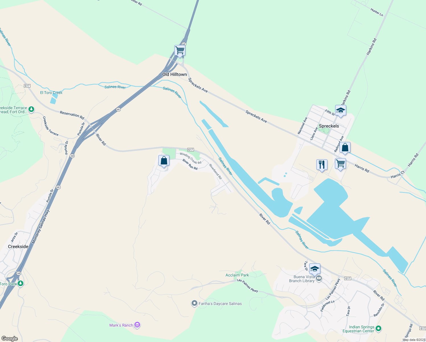 map of restaurants, bars, coffee shops, grocery stores, and more near 17716 Riverbend Road in Salinas