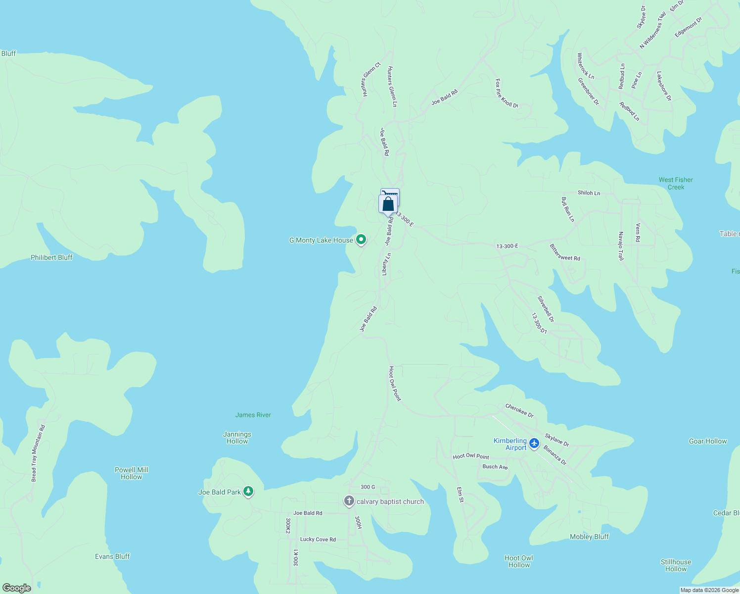 map of restaurants, bars, coffee shops, grocery stores, and more near 4436-4486 Joe Bald Road in Kimberling City