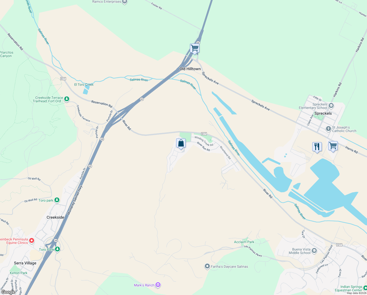 map of restaurants, bars, coffee shops, grocery stores, and more near 17513 Woodridge Court in Salinas