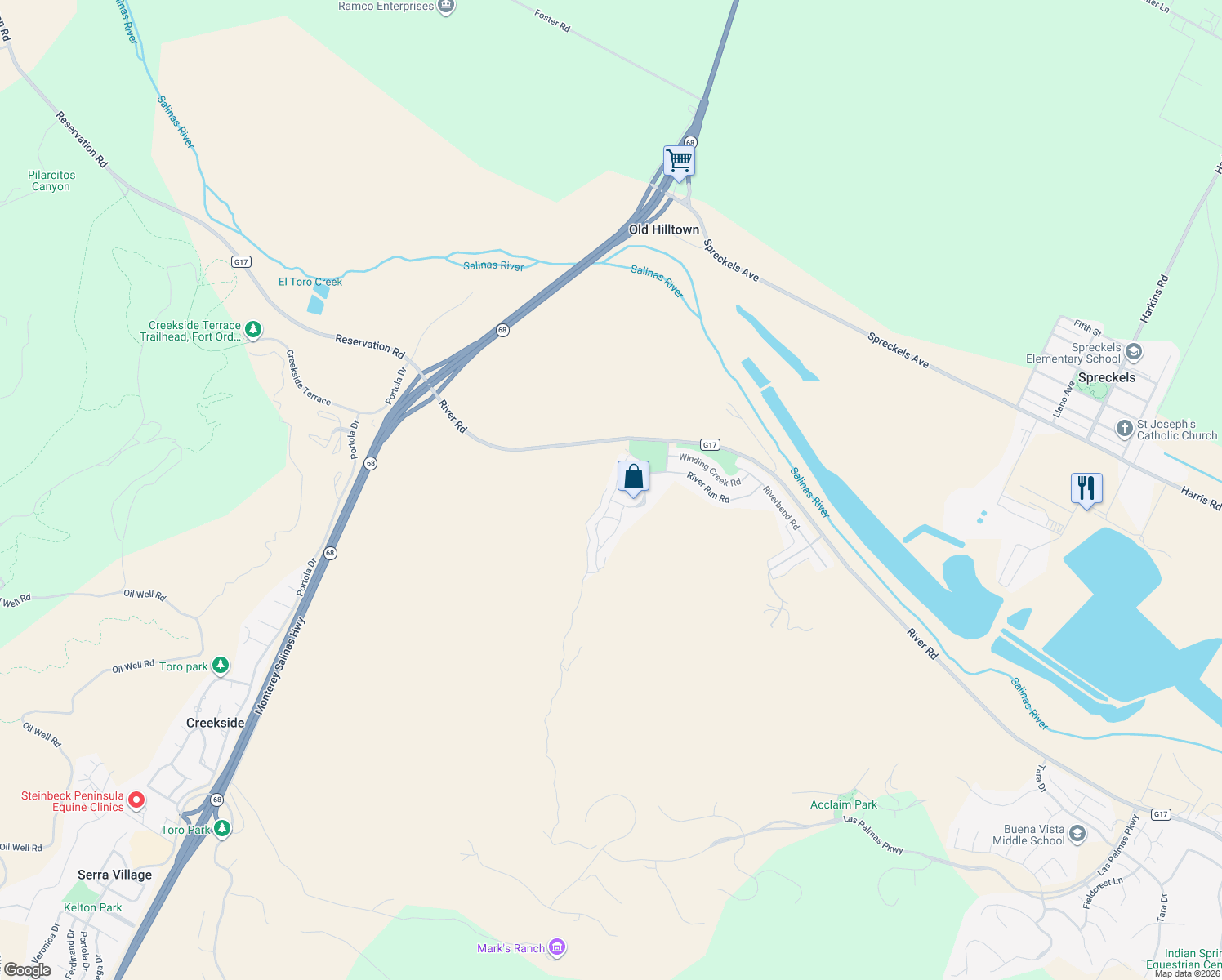 map of restaurants, bars, coffee shops, grocery stores, and more near 21056 Country Park Road in Salinas