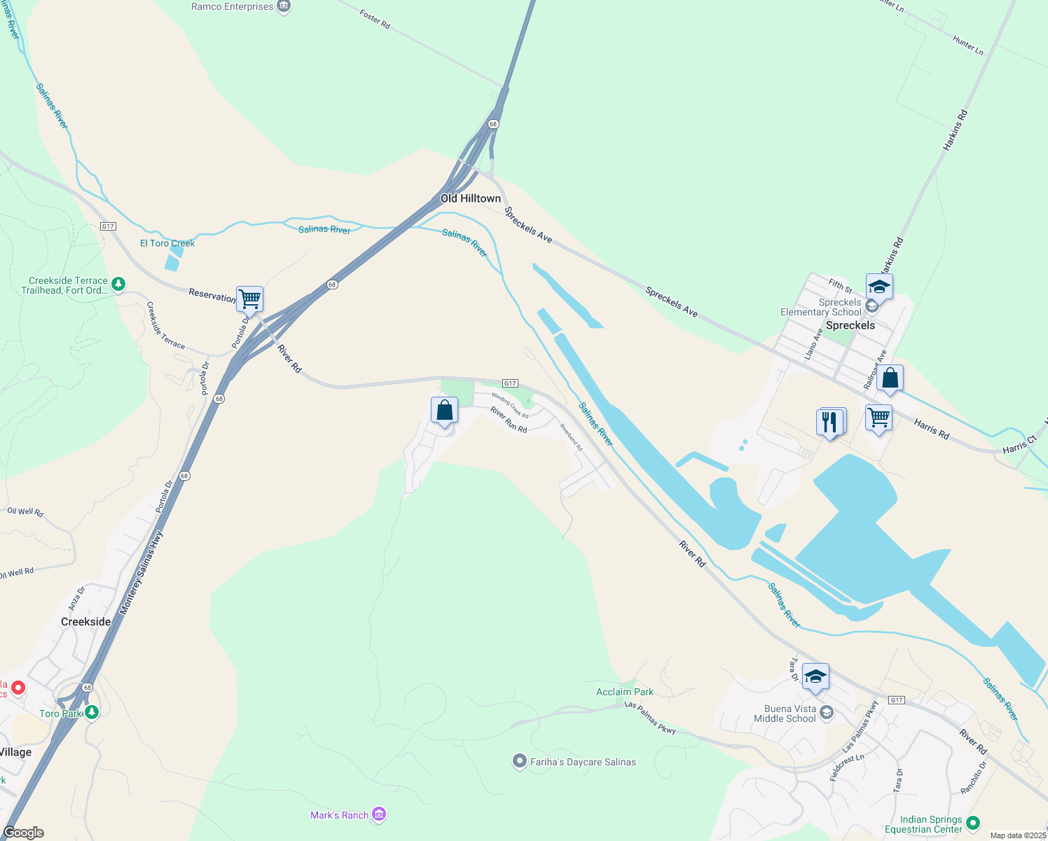 map of restaurants, bars, coffee shops, grocery stores, and more near 17638 Winding Creek Road in Salinas