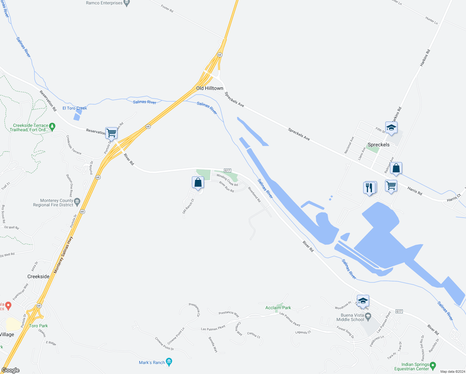 map of restaurants, bars, coffee shops, grocery stores, and more near 17638 Winding Creek Road in Salinas