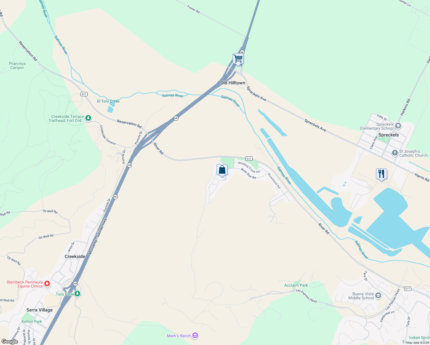 map of restaurants, bars, coffee shops, grocery stores, and more near 21040 Country Park Road in Salinas