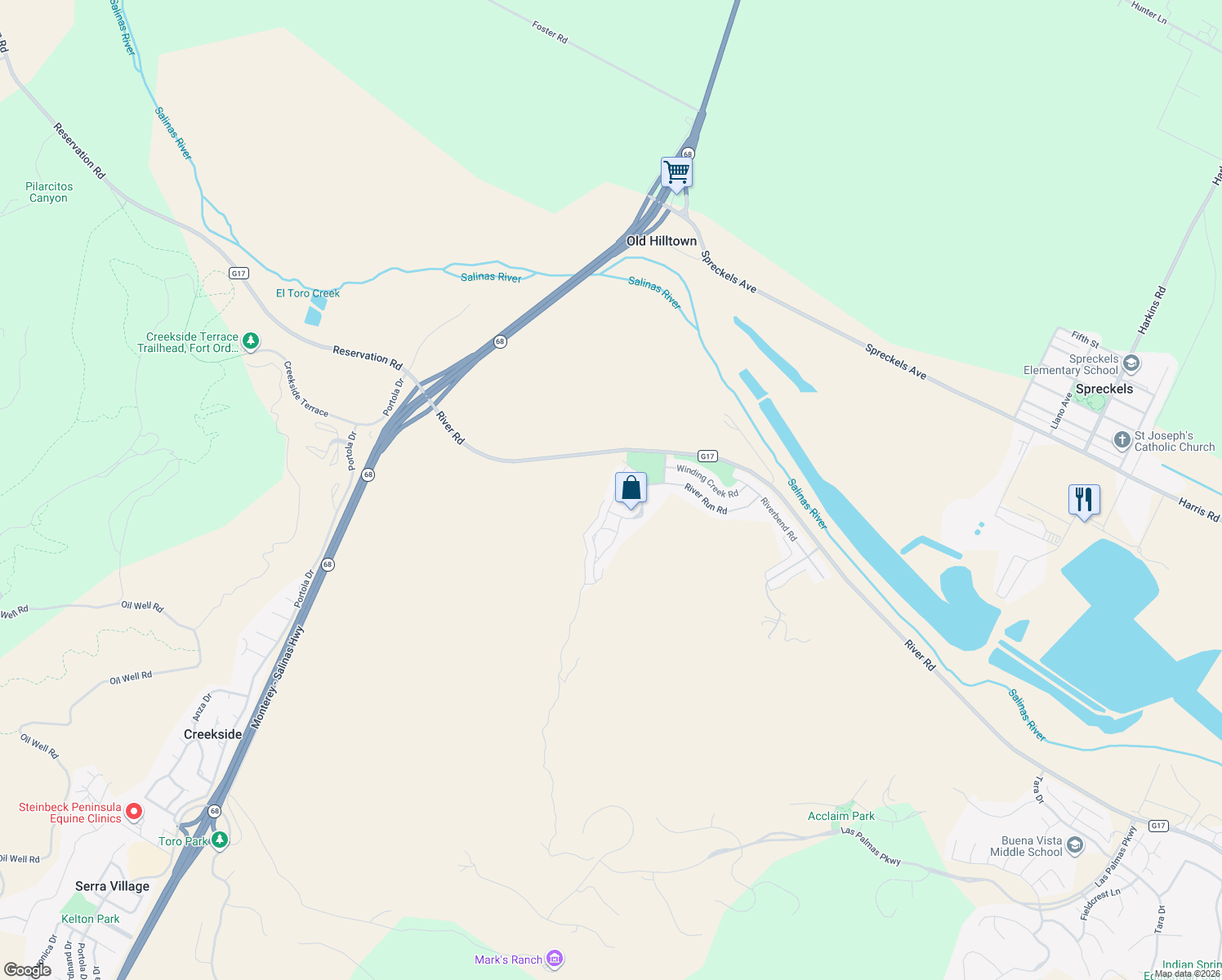 map of restaurants, bars, coffee shops, grocery stores, and more near 21040 Country Park Road in Salinas