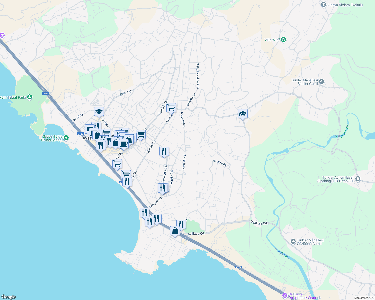 map of restaurants, bars, coffee shops, grocery stores, and more near 94 Karaçaltı Caddesi in Alanya