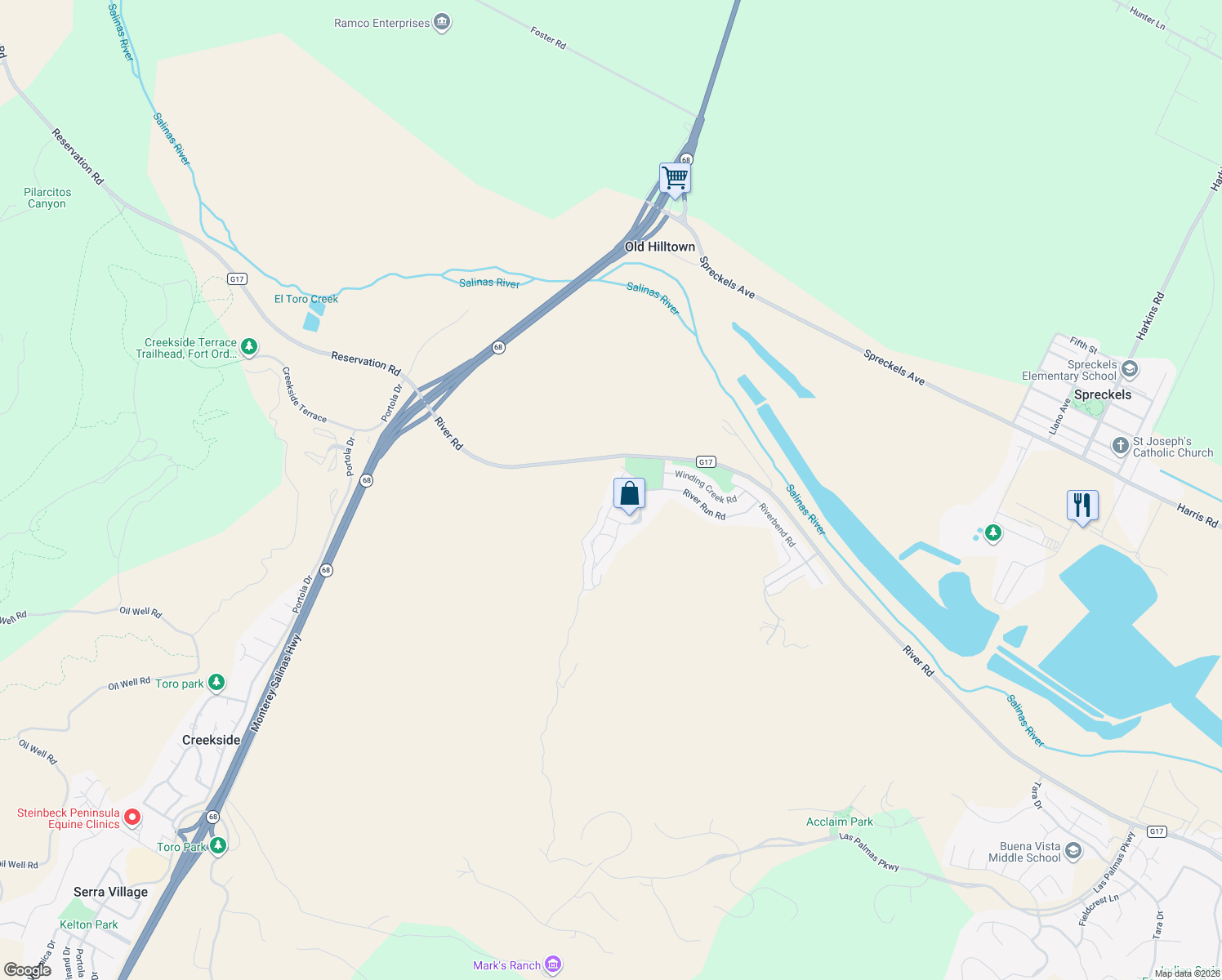 map of restaurants, bars, coffee shops, grocery stores, and more near 21028 Country Park Road in Salinas