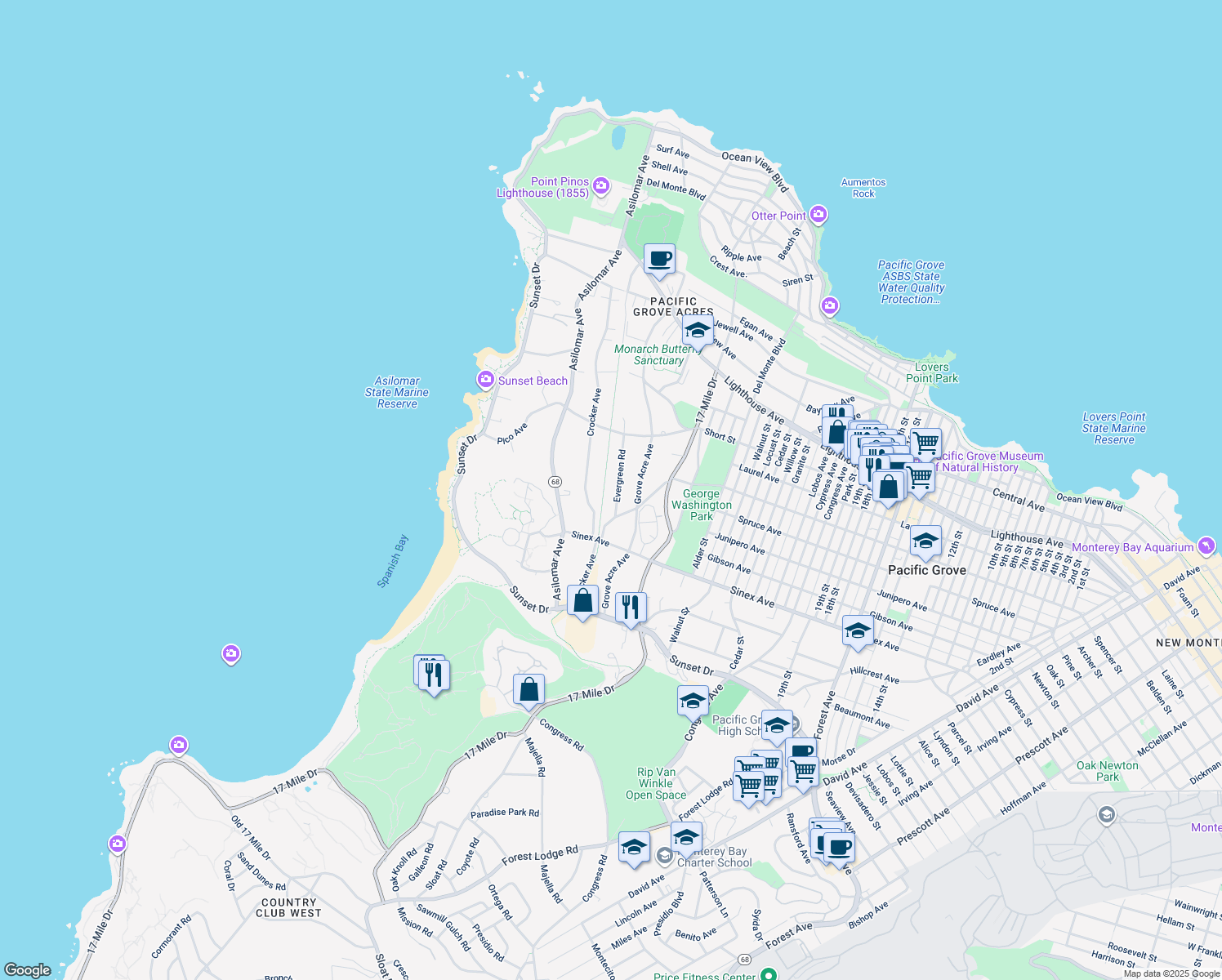 map of restaurants, bars, coffee shops, grocery stores, and more near 510 Evergreen Road in Pacific Grove