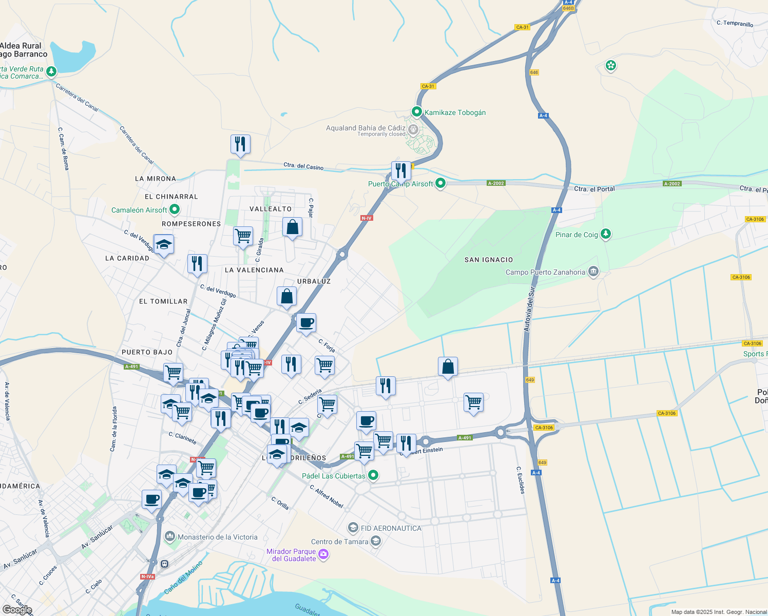 map of restaurants, bars, coffee shops, grocery stores, and more near 17 Calle Hermandad de la Flagelacion in El Puerto de Santa María