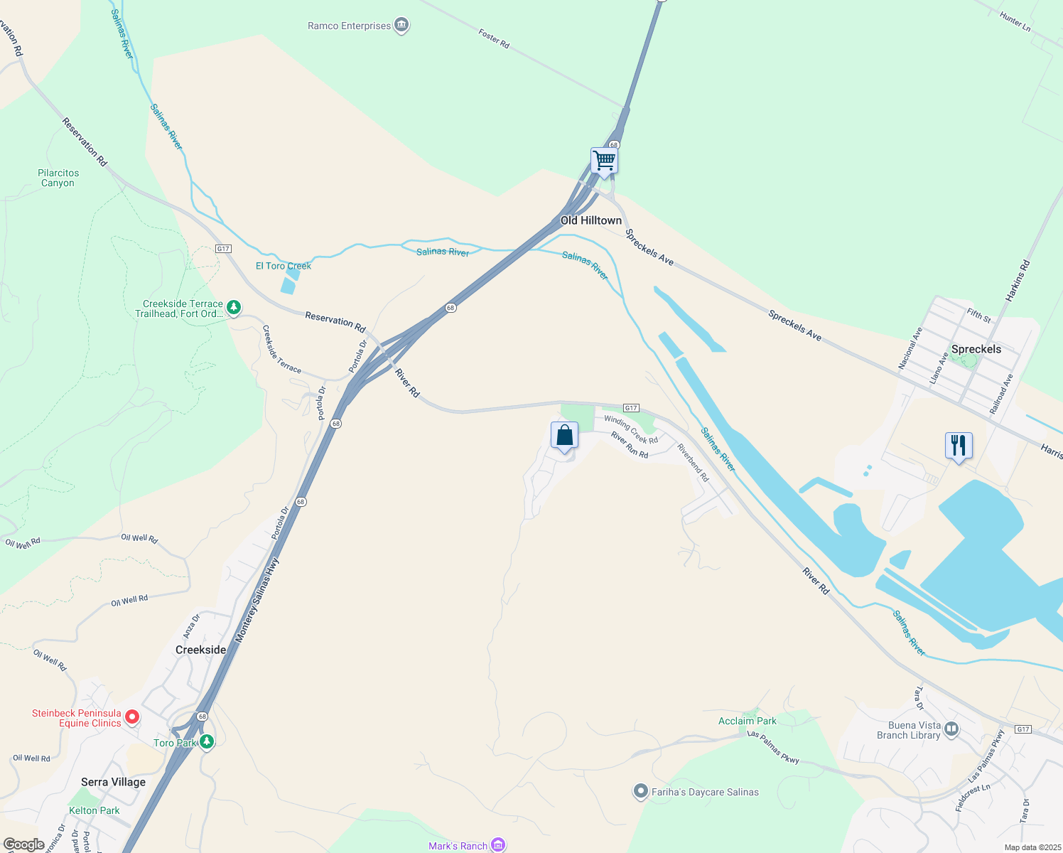 map of restaurants, bars, coffee shops, grocery stores, and more near Woodridge Court in Monterey County