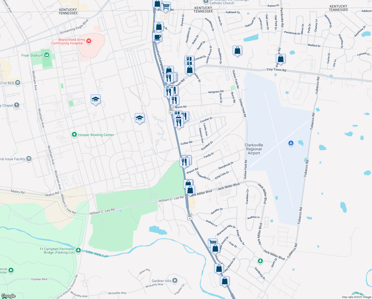 map of restaurants, bars, coffee shops, grocery stores, and more near 125 Goodlett Drive in Clarksville