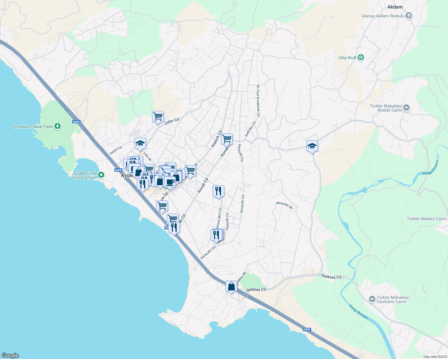 map of restaurants, bars, coffee shops, grocery stores, and more near in Alanya