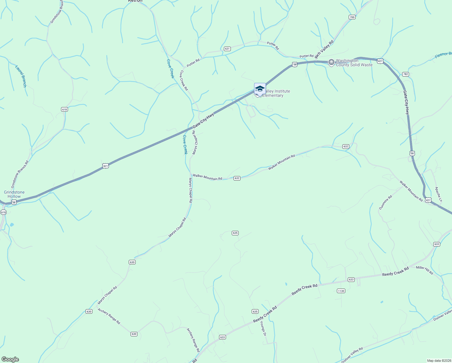 map of restaurants, bars, coffee shops, grocery stores, and more near 4194 Walker Mountain Road in Bristol
