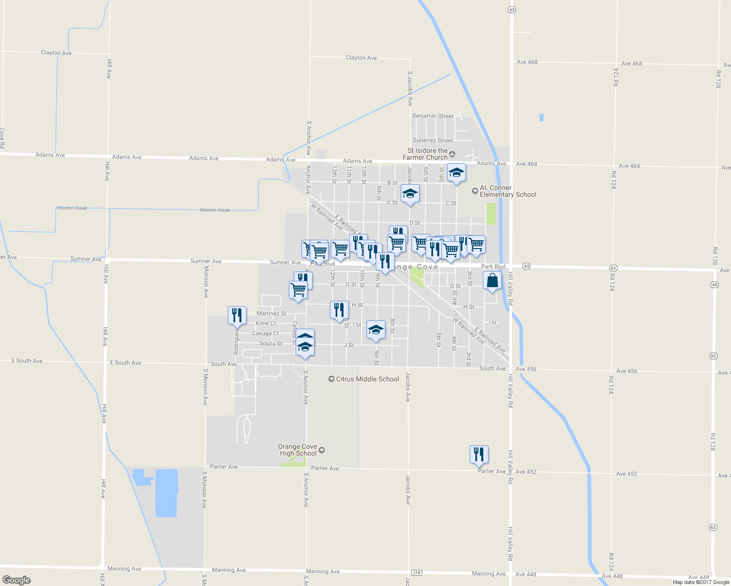 map of restaurants, bars, coffee shops, grocery stores, and more near 728 10th Street in Orange Cove