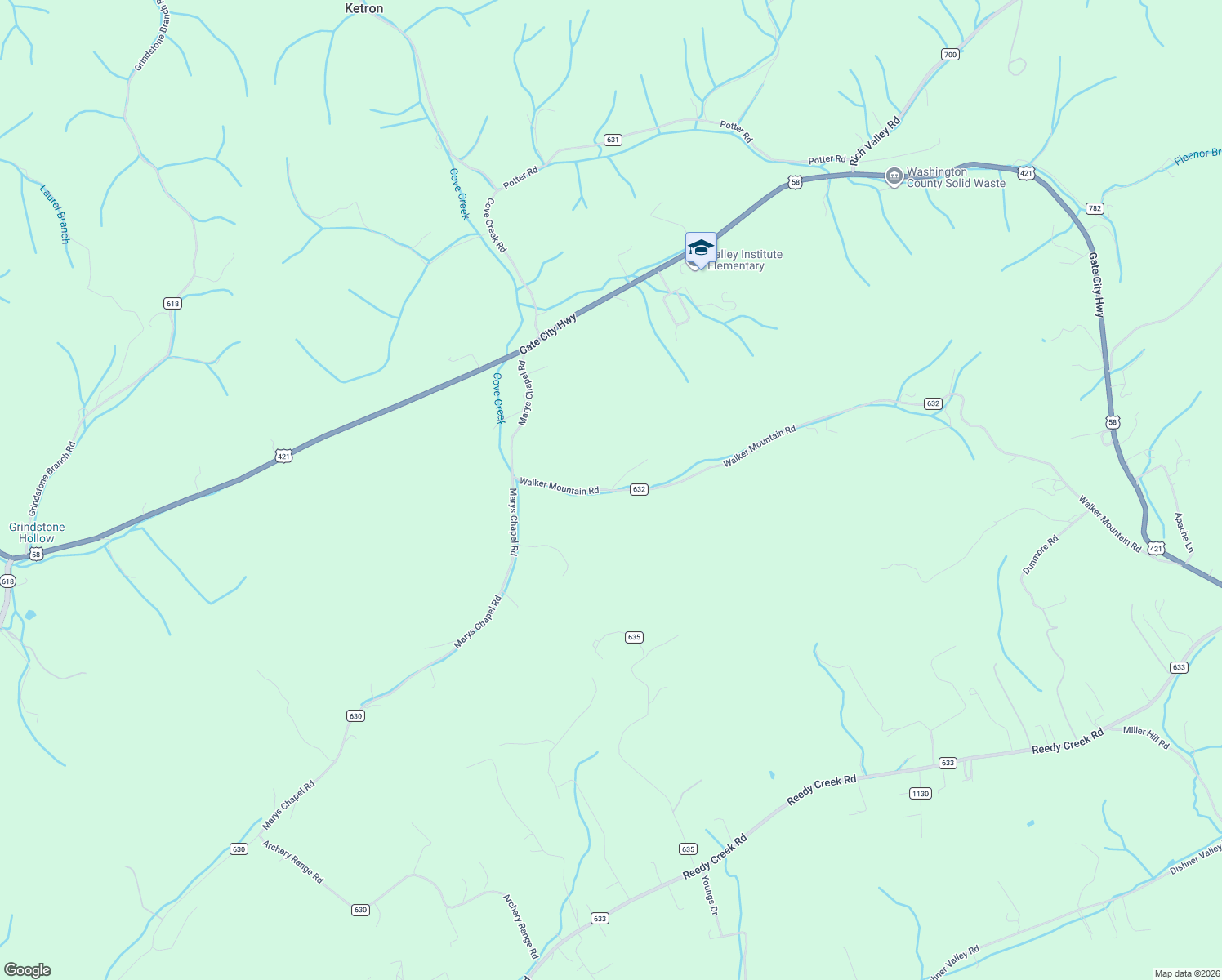 map of restaurants, bars, coffee shops, grocery stores, and more near 4194 Walker Mountain Road in Bristol
